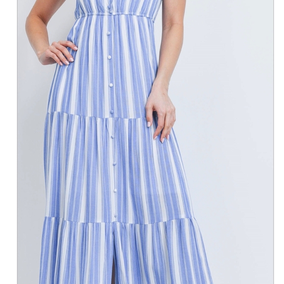 LAST 1❗PINK BLUSH Feminine Chic Blue White Stripes Tired Maxi Dress - Picture 3 of 6